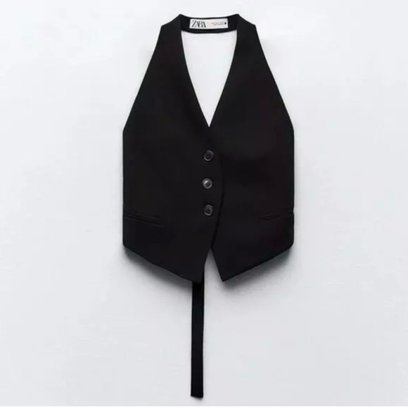 Zara NWOT Open Back Halter Vest Waistcoat Top Black Size M V-Neck Tie Back - Picture 5 of 10